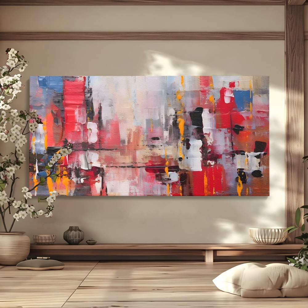 Tablou canvas cu pictura abstracta cu pete de rosu si galben, fara rama, pe sasiu de lemn